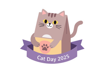 Cute gray cat illustration in a gift box, celebrating Cat Day 2025. A playful design with a paw print and purple ribbon. Ideal for social media and promotional materials.