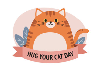 A cute orange tabby cat hugs itself, celebrating Hug Your Cat Day!  Cheerful illustration with pink background and ribbon. Perfect for greeting cards and social media.
