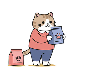 A cute tabby cat carries a bag of cat food, celebrating Cat Day 2025.  Cheerful illustration with a playful style. Perfect for pet-related marketing.