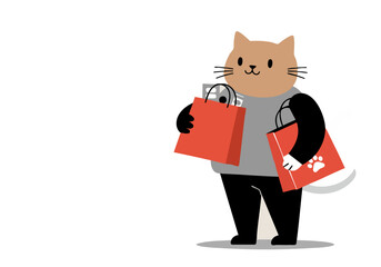 A cute white cat carries shopping bags, conveying a positive message. Modern, minimalist illustration style. Perfect for greeting cards and social media.