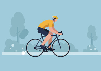 Fototapeta premium A cyclist rides through a park on Bicycle Day 2025. A vibrant, modern illustration showcases an active lifestyle and outdoor recreation. Clean lines and a pastel background create a cheerful visual.