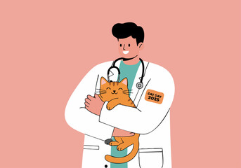 A friendly doctor holds a cat, wearing a stethoscope and a 'Cat Day 2025' badge.  Cheerful illustration, modern style.