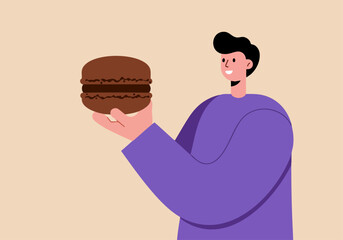 A smiling man enjoys a chocolate macaron. Clean, modern illustration style. Perfect for food, dessert, or lifestyle marketing.