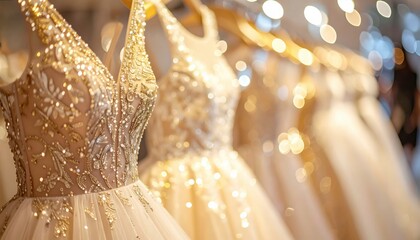 Obraz premium Close-up of elegant dresses adorned with sequins in a boutique setting highlighting luxury fashion and bridal design trends