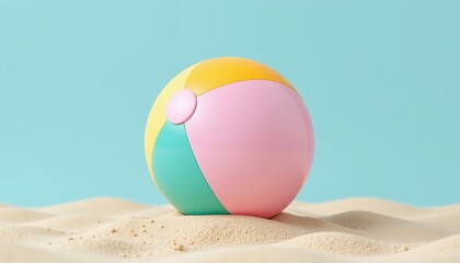 Obraz premium Colorful Beach Ball on Sand Against a Light Blue Background