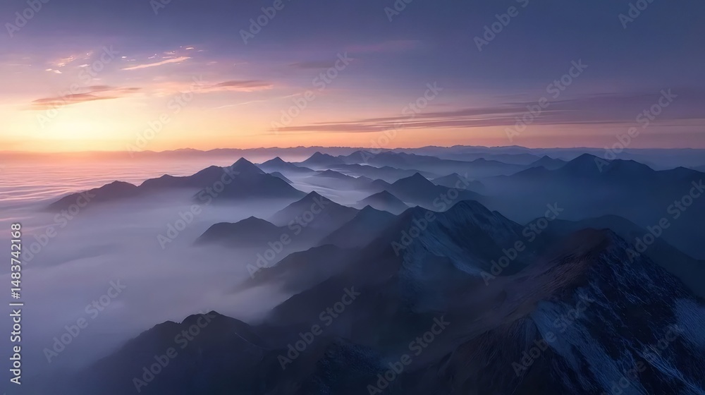 Aufkleber 霧に包まれた山の壮大な航空写真 紫色とオレンジ色の空と夕暮れの太陽の光の中で