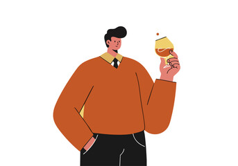 A stylish man enjoys a cognac, celebrating Cognac Day 2025. Modern illustration with a warm color palette and clean lines. Perfect for marketing and lifestyle content.