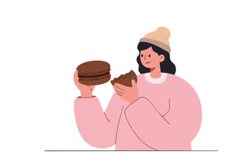 A woman enjoys Macaroon Day, happily biting into a delicious macaron. Soft colors and a cheerful mood create a visually appealing and inviting image.