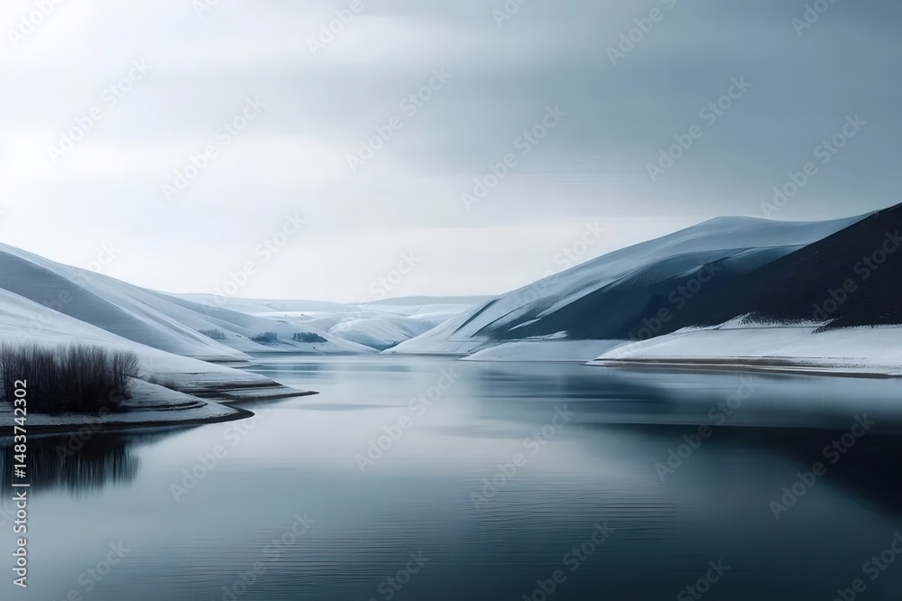 Aufkleber 雪に覆われた山々と静かな湖の冬景色 空と水面に映る風景 穏やかな冬の日
