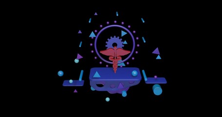 Red caduceus symbol on a pedestal of abstract geometric shapes floating in the air. Abstract concept art with flying shapes in the center. 3d illustration on black background