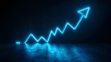 Neon Blue Glowing Up Arrow Chart On Dark Background, Growth, And Success Concept