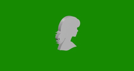 Isolated realistic white woman face profile symbol front view with shadow. 3d illustration on green chroma key background