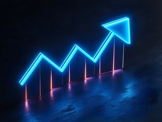Neon Blue Glowing Up Arrow Chart On Dark Background, Growth, And Success Concept