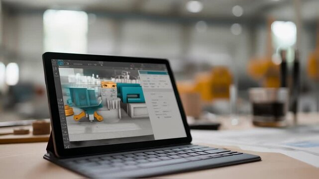 A closeup shot of a designers workstation featuring a tablet displaying 3D product models with digital overlays indicating stages of production and shipment.