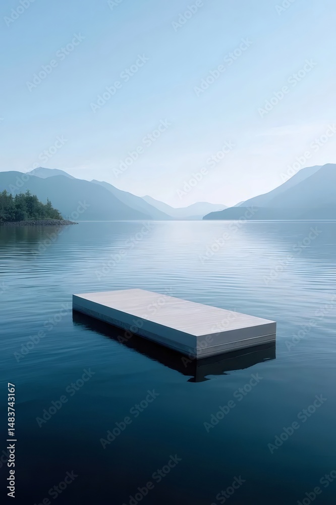 Aufkleber 晴れた日に静かな湖に浮かぶ灰色のフローティングドックと穏やかな背景の山並み