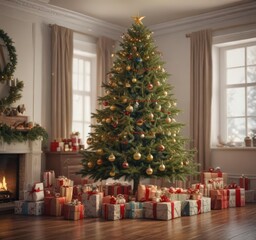 A majestic Christmas tree, surrounded by a bounty of wrapped gifts ,  sparkle,  glow