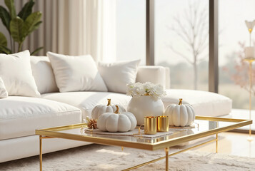 Modern Minimalist Living Room Featuring a White Sectional Sofa, Gold-Framed Glass Coffee Table, and Neutral-Toned Decor
