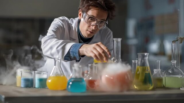 A chemist in a lab coat conducting an experiment with colorful liquids in beakers as vapors rise and create an atmosphere of discovery.
