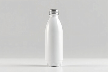 Minimalist White Bottle with Metallic Cap, Displayed Upright Against a Plain Light Gray Background
