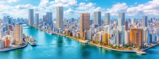 Obraz premium Tokyo Cityscape Panorama with River and Skyscrapers – Urban Development and Travel Industry Visual