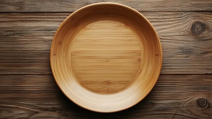 Empty Wooden Plate on a Rustic Wooden Surface Backdrop for Kitchenware or Food Presentation Display