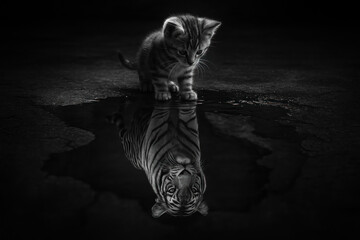 Conceptual black-and-white image of a kitten seeing its reflection as a fierce tiger in a water puddle, symbolizing self-confidence, ambition, potential, and inner strength.