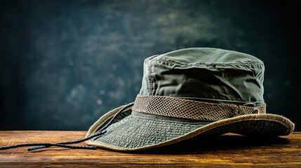 Green Boonie Hat on Wooden Surface for Sun Protection and Outdoor Adventures Gear Ready to Use