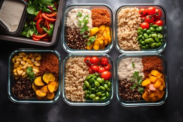 Healthy meal prep bowls with various ingredients.