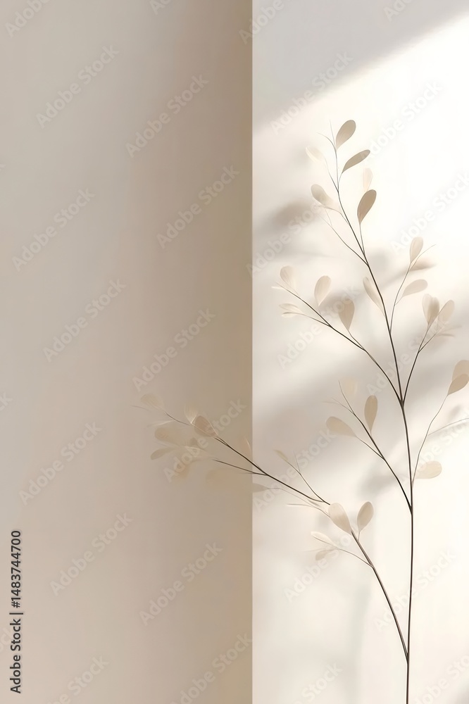 Poster ベージュ色の壁の背景に配置された白い装飾的な植物の枝 ミニマルな美的空間と柔らかな自然光と影