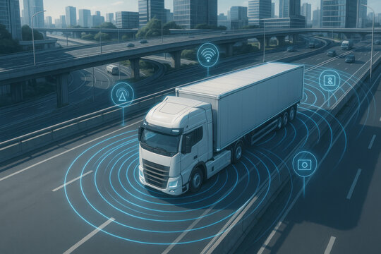 Truck driving on highway with network of devices.