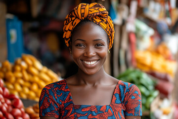 Portrait of smiling african woman using mobile phone in a local market