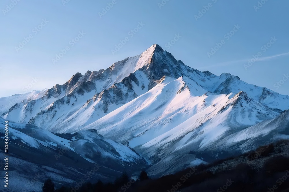 Aufkleber 雪をかぶった山の風景 青空の下で輝く冬の山の頂上 パノラマの景色と自然の美しさ アウトドアアドベンチャーと静かな環境