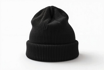 Black Knit Beanie Hat with Ribbed Texture and Folded Brim, Displayed Against a White Background
