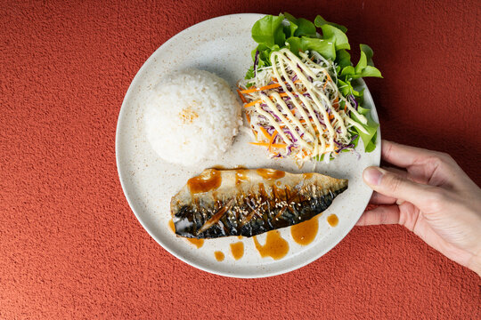 Japanese rice with grilled saba mackerel fish topped with sweet teriyaki sauce on a vibrant red background