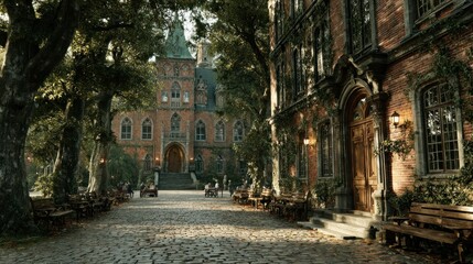 Charming Cobblestone Courtyard with Historic Architecture and Lush Greenery