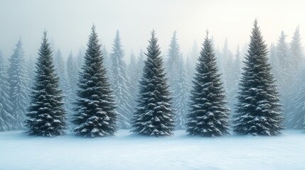 Fototapeta premium Tranquil, wintry scene with snow-covered fir trees standing tall in a silent, misty forest on a cold winter day