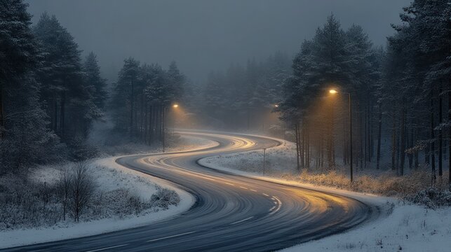 Winding snowy road through a winter forest at night