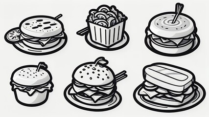 A monochrome illustration of various burger and sandwich food items on white background