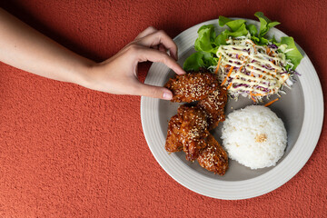 Asian style crispy deep fried chicken topped with savory sauce served over steamed rice