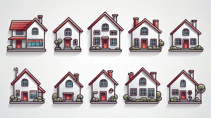 A collection of ten cartoon houses with red roofs and black outlines on a white background