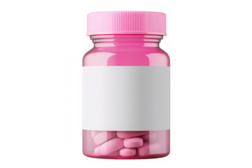 Pink pill bottle with blank label on transparent background