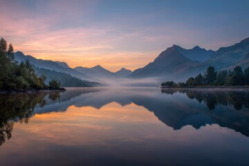 Fototapeta premium Pastel Sunset Reflected in a Still Lake with Misty Mountains