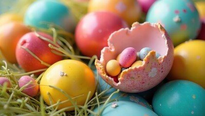 Fototapeta premium Close-up of colorful Easter eggs, some cracked open revealing candy fillings , painted eggs, sugar, springtime delights