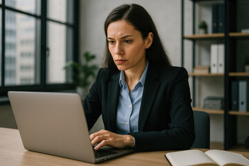 Woman typing on laptop at desk.