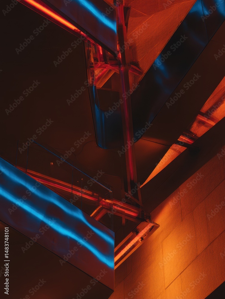 Poster modern architectural detail with vibrant neon reflections highlighting sharp angles and dynamic line