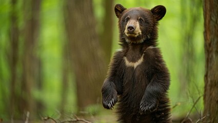 Fototapeta premium Adorable Baby Bear Standing Beside Protective Adult in Serene Forest – Photorealistic Wildlife Scene