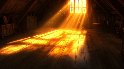 Sunbeams in attic warm wooden floor golden light rays