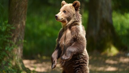 Naklejka premium Adorable Baby Bear Standing Beside Protective Adult in Serene Forest – Photorealistic Wildlife Scene