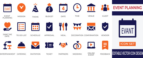 A versatile vector icon set designed for event planning and management, covering themes such as scheduling, venue, catering, invitations, entertainment, budgeting, and feedback.