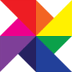 Windmill design created from red, orange, yellow, green, blue, navy, purple and pink triangles